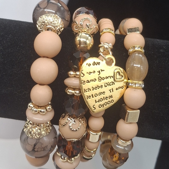 Boho Brown and Peach Color Beaded Bracelet 4 Pc Set with Gold Accents - Picture 2 of 2